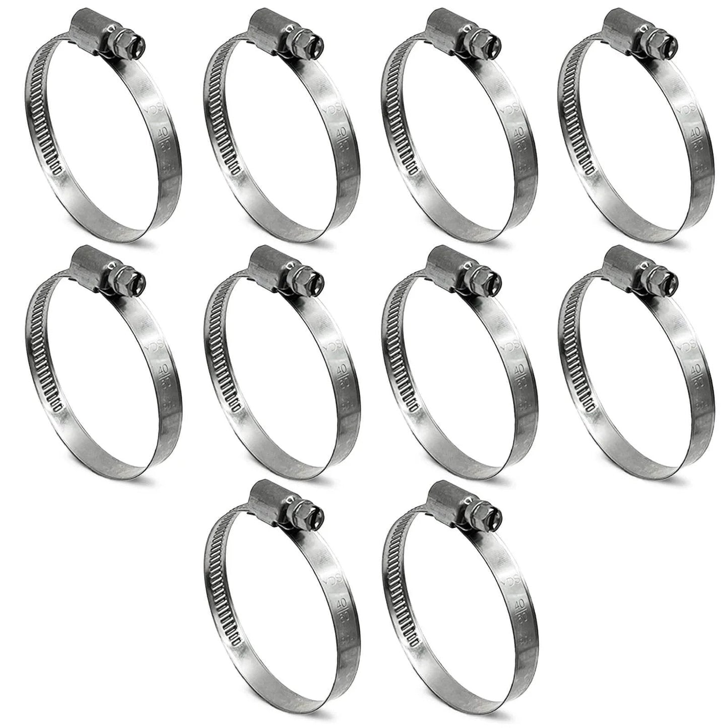 Embossed Worm Gear Hose Clamps Size 28 For One And Five Eighths Inch To Two And Three Eighths Inch Hoses Heavy Duty All 304 Stainless Steel Automotive Hose Clips Forty To Sixty Millimeter Ten Pack in a 10-piece set displayed on a white background.