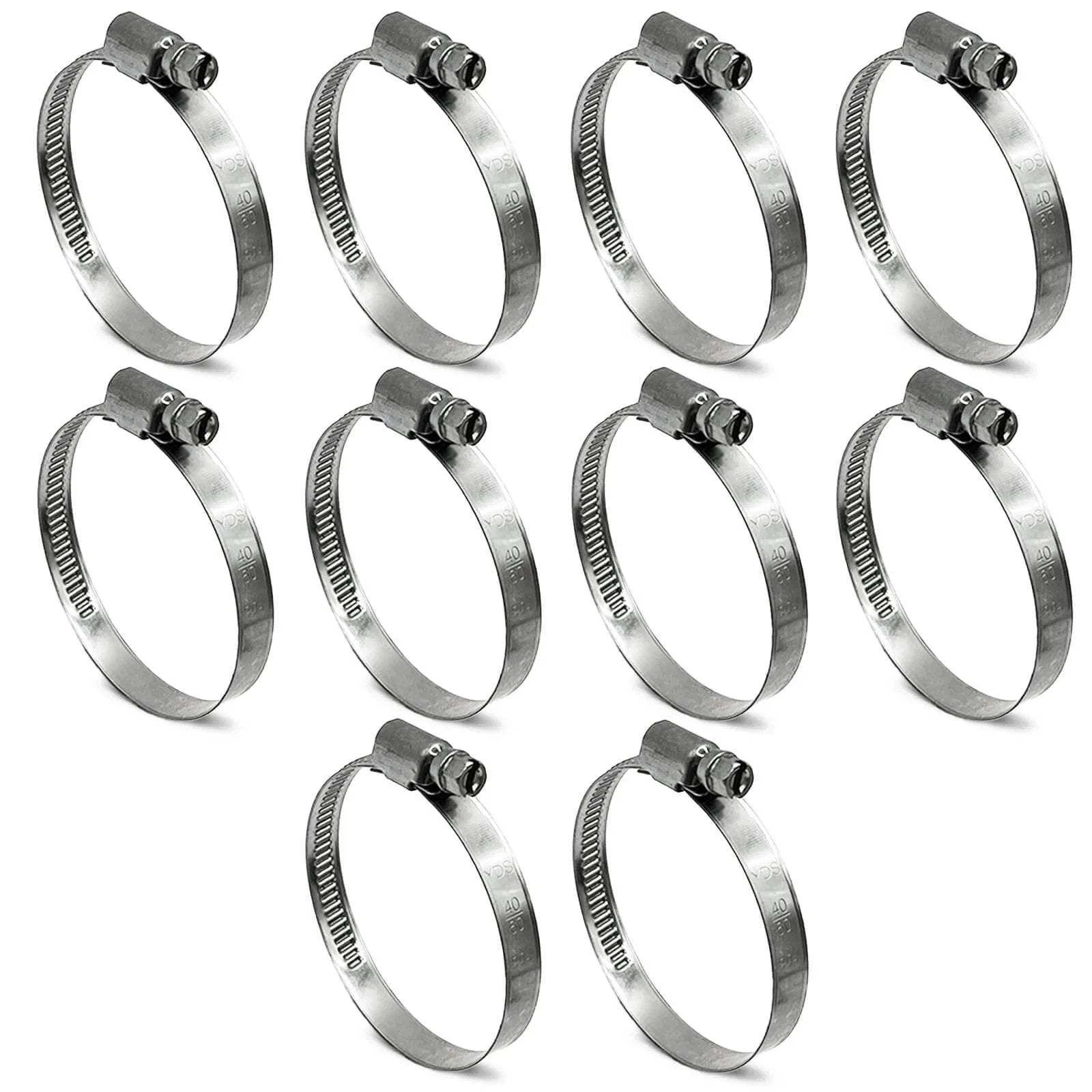 Embossed Worm Gear Hose Clamps Size 28 For One And Five Eighths Inch To Two And Three Eighths Inch Hoses Heavy Duty All 304 Stainless Steel Automotive Hose Clips Forty To Sixty Millimeter Ten Pack in a 10-piece set displayed on a white background.