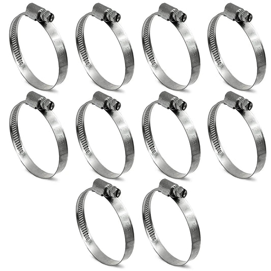 Embossed Worm Gear Hose Clamps Size 28 For One And Five Eighths Inch To Two And Three Eighths Inch Hoses Heavy Duty All 304 Stainless Steel Automotive Hose Clips Forty To Sixty Millimeter Ten Pack in a 10-piece set displayed on a white background.