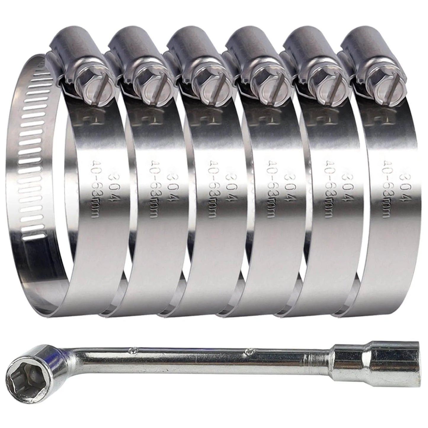 6 Pack Stainless Steel Hose Clamps Adjustable From 1.5 To 2.5 Inches 40 To 63 Mm Worm Gear Clamps With Socket Wrench