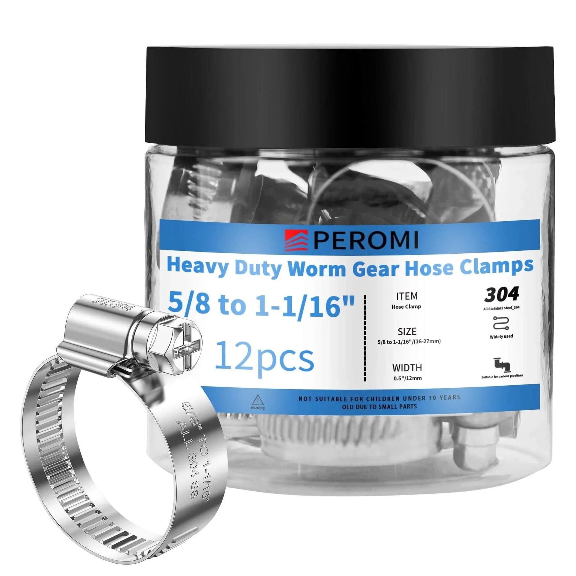 12 Pack Heavy Duty Stainless Steel Hose Clamps 304 Adjustable Worm Gear Drive Five Eighths Inch To One And One Sixteenth Inch Range 12mm Band Width For Plumbing Garden Automotive And Industrial Use
