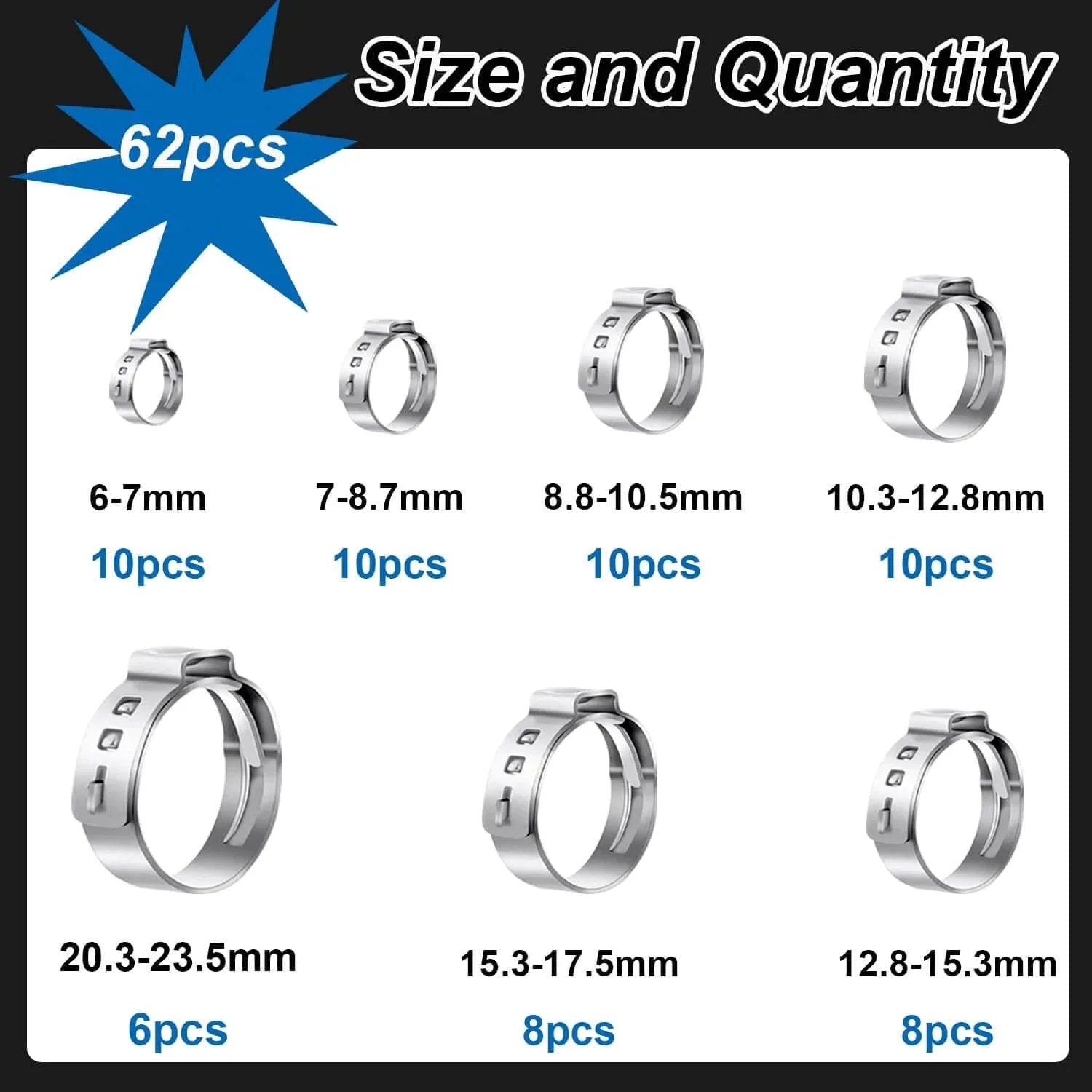 62 Piece 7 Size 304 Stainless Steel Single Ear Hose Clamps Crimp Hose Clamp Assortment Kit 6 To 23 Point 5 Millimeter Ideal For Automotive Home Appliance Water Pipe And Fuel Line Durable Corrosion Resistant Design For Long Lasting Performance In Auto And