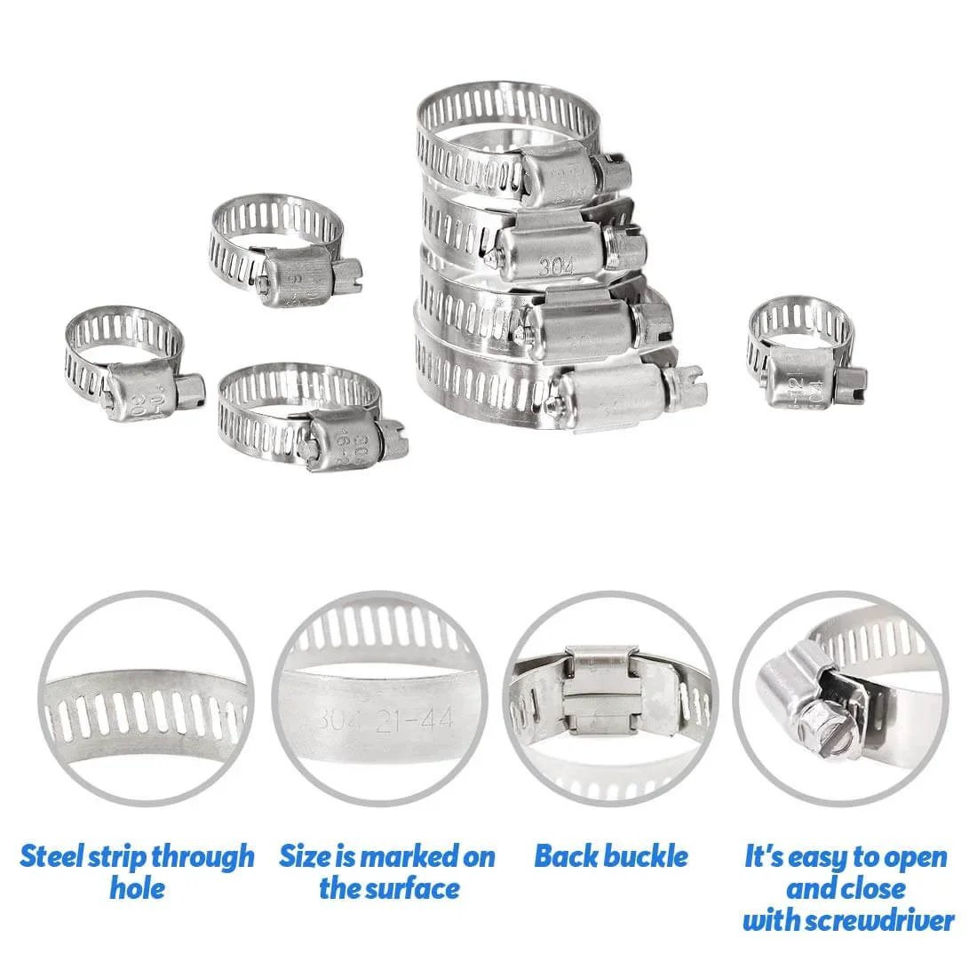 Image of 100 Pieces Adjustable 8-44mm 304 Stainless Steel Worm Gear Hose Clamps Assortment Kit with close-ups of features.