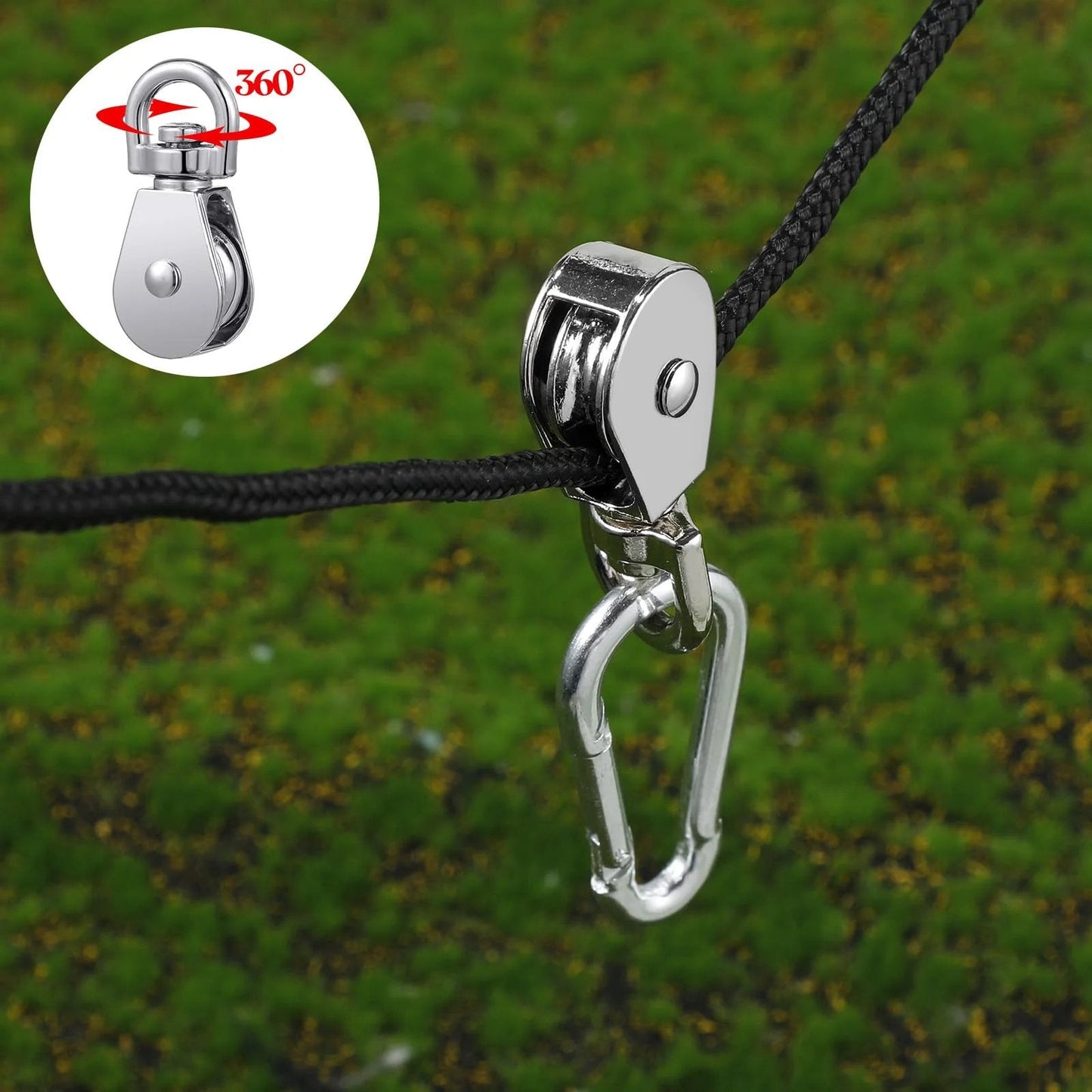Pulley Block System Set with M20 Pulley Wheel, stainless steel, 66ft nylon rope and hooks installed outdoors on green surface.