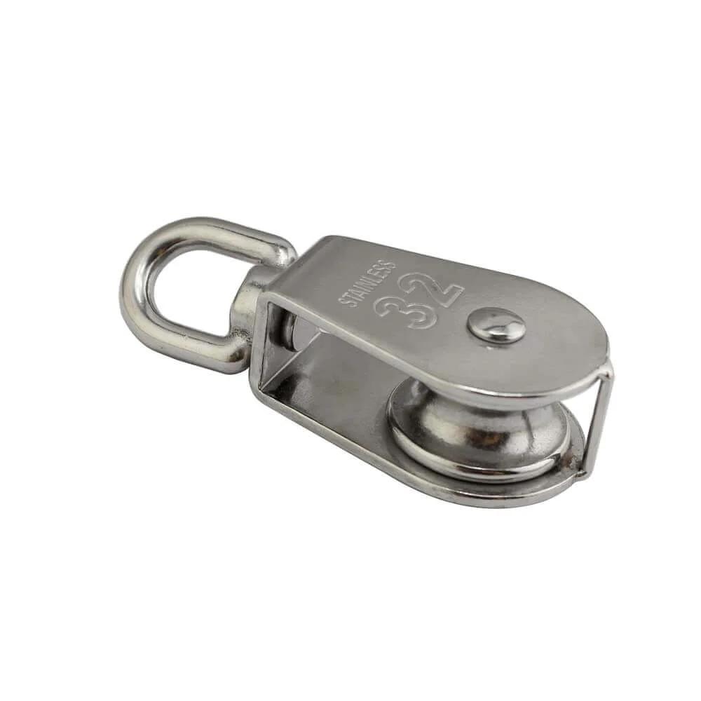Front view of Stainless Steel M32 Pulley Steel Wire Pulley Single Wheel Swivel Lifting Pulley Single Sheave Block