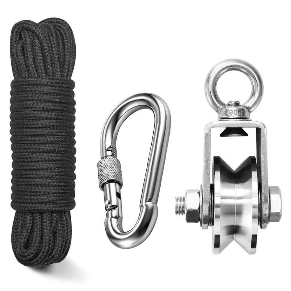 48MM Stainless Steel Crane Pulley Block and Tackle Pulley System with 1/4" Nylon Rope 33ft & Spring Snap Clip Link Hooks.