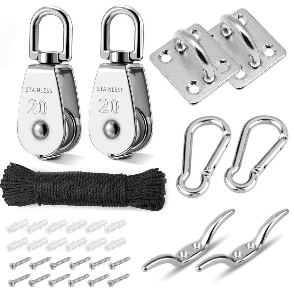 Pulley System Set, M20 Crane Pulleys for Lifting with Rope, 304 Stainless Steel Block and Tackle Pulley System, nylon rope, snap hooks, eye plates, cleat hooks.