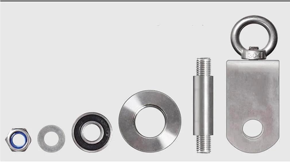 Components of two-pack H-groove stainless steel pulley wheels for sliding doors and rail systems, includes washers and bearings.