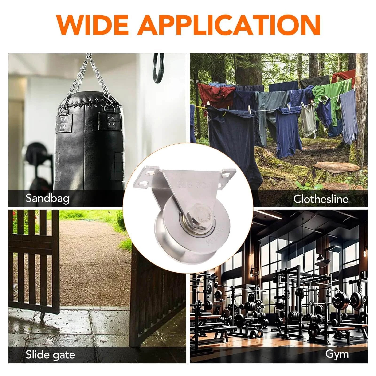 Wide applications of ✝️ 2PCS Groove Wheel Pulley, 304 Stainless Steel Pulley Blocks for sandbag, clothesline, slide gate, gym.
