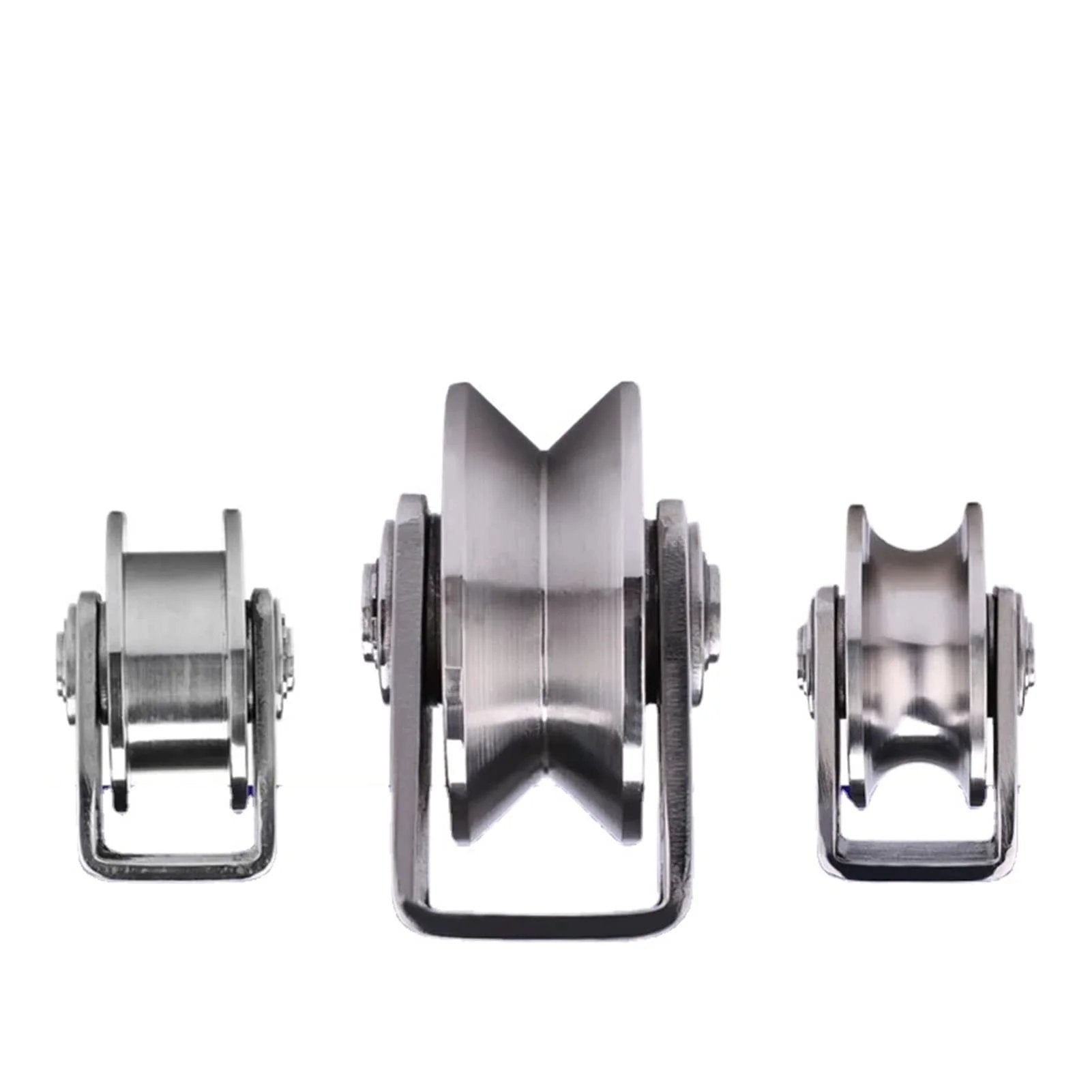 Pulley,Pulley Wheel, 201 Stainless Steel Bearing Pulley Wire Rope Pulley U-Type V-h-Shaped Groove Wheel Sliding Door Track Wheel Lifting(V Type Small) front view showing various sizes and grooves.