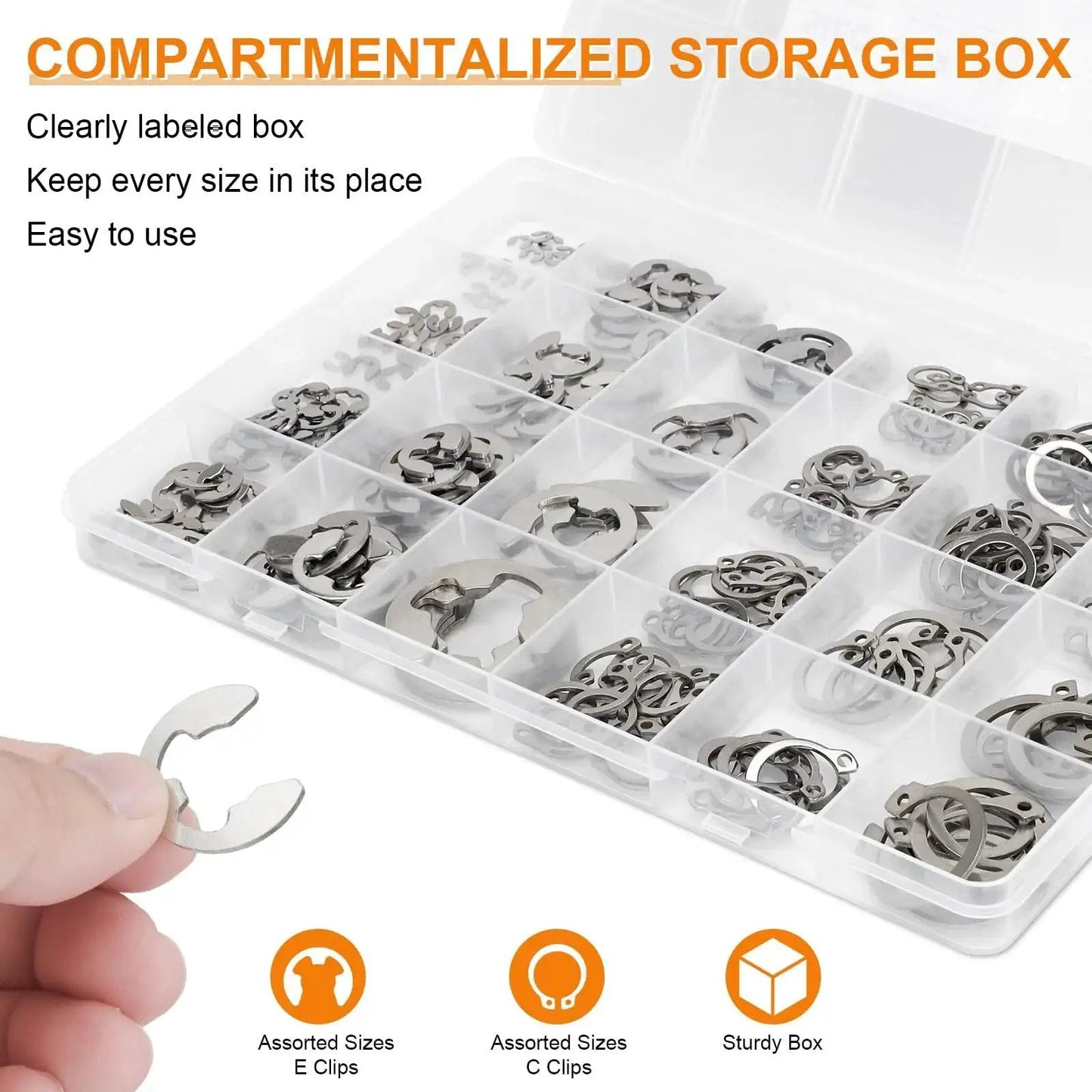 312 Piece Retaining Ring Kit With E Clips And External C Clips In 304 Stainless Steel in labeled storage box