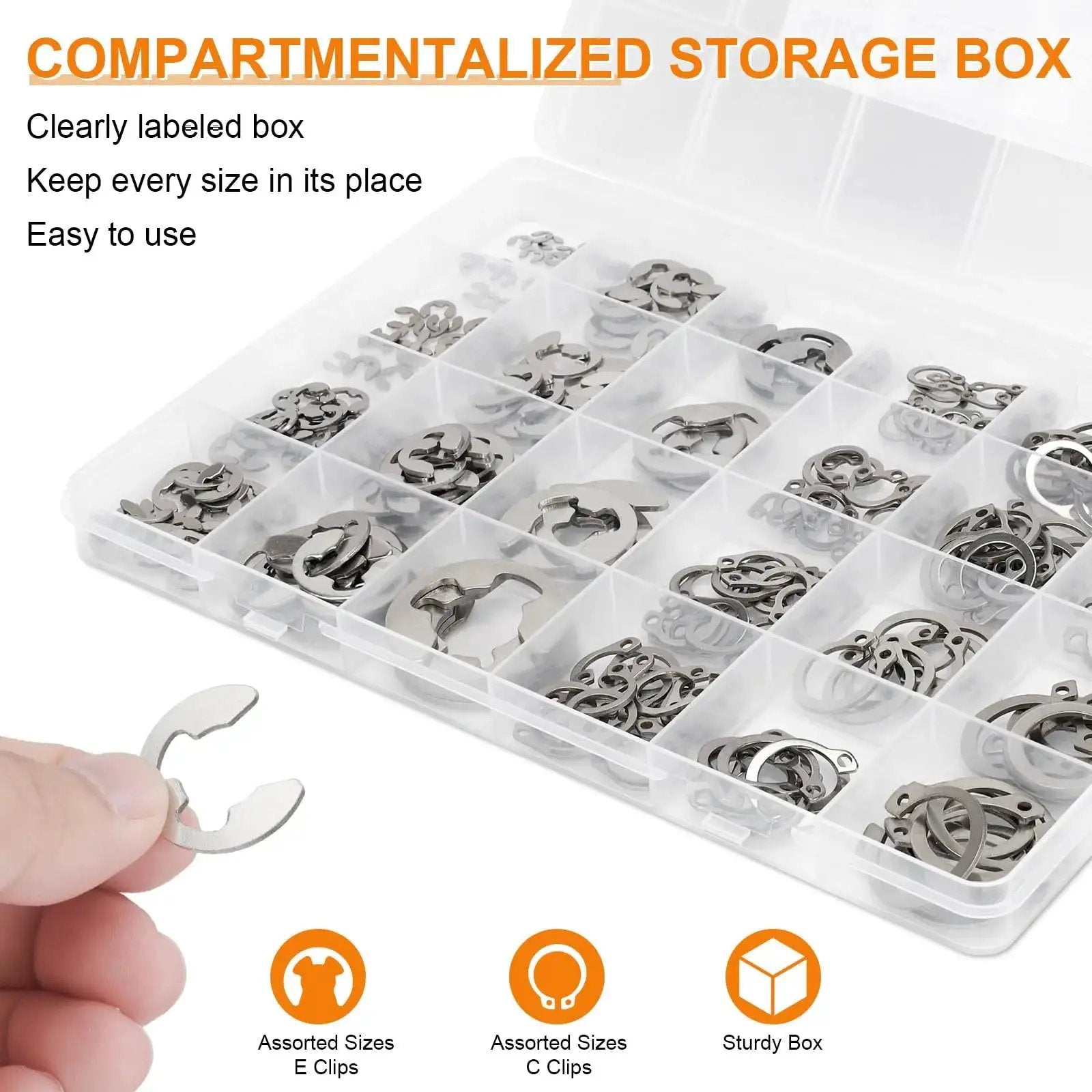 312 Piece Retaining Ring Kit With E Clips And External C Clips In 304 Stainless Steel in labeled storage box