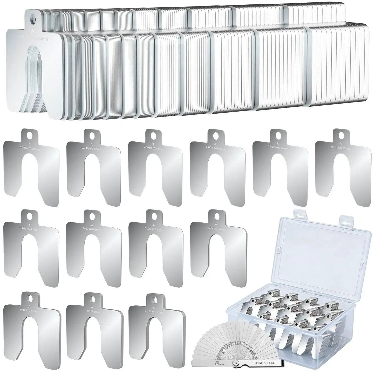 156 Piece Size A 2x2 Stainless Steel Slotted Shim Kit with Feeler Gauge and Storage Box, showing shims and thickness gauge
