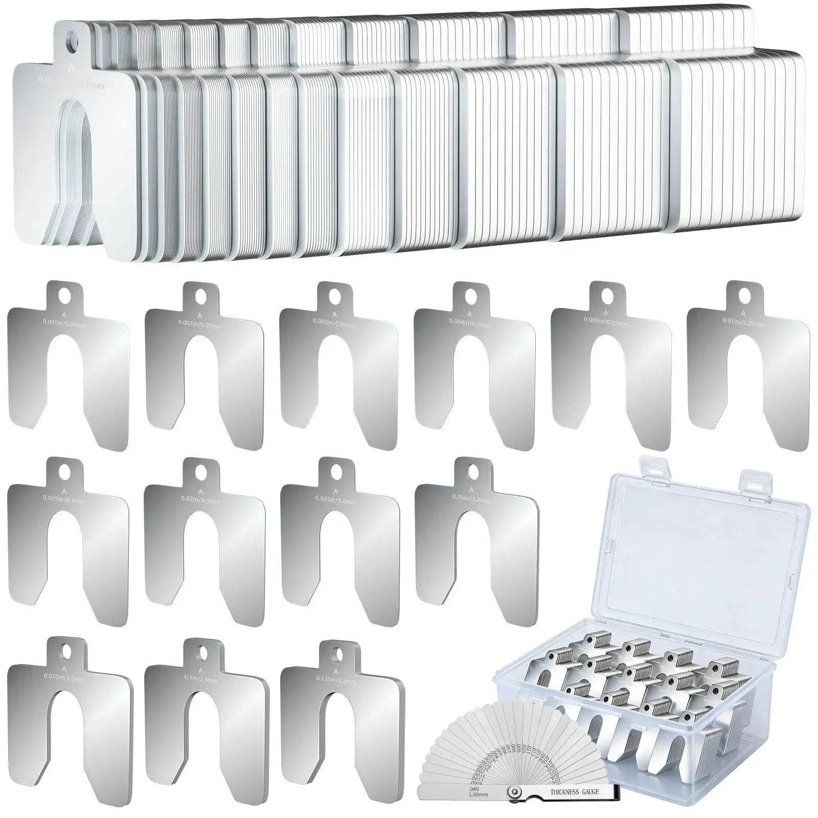 156 Piece Size A 2x2 Stainless Steel Slotted Shim Kit with Feeler Gauge and Storage Box, showing shims and thickness gauge