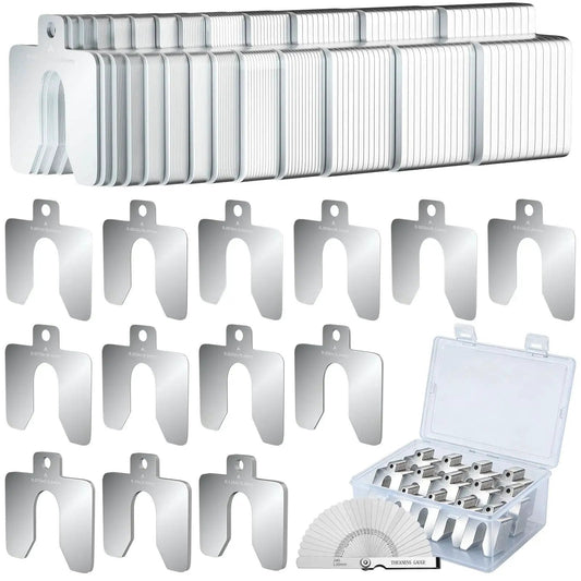 156 Piece Size A 2x2 Stainless Steel Slotted Shim Kit with Feeler Gauge and Storage Box, showing shims and thickness gauge