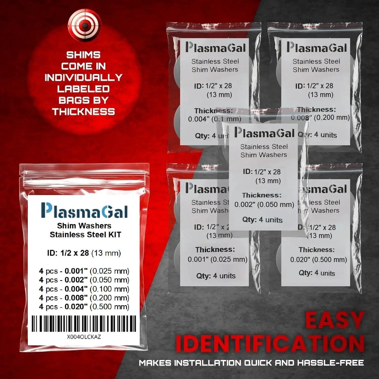 Barrel Shim Kit For One Half By Twenty Eight Inch Threads Stainless Steel 20 Piece Set showing labeled bags by thickness