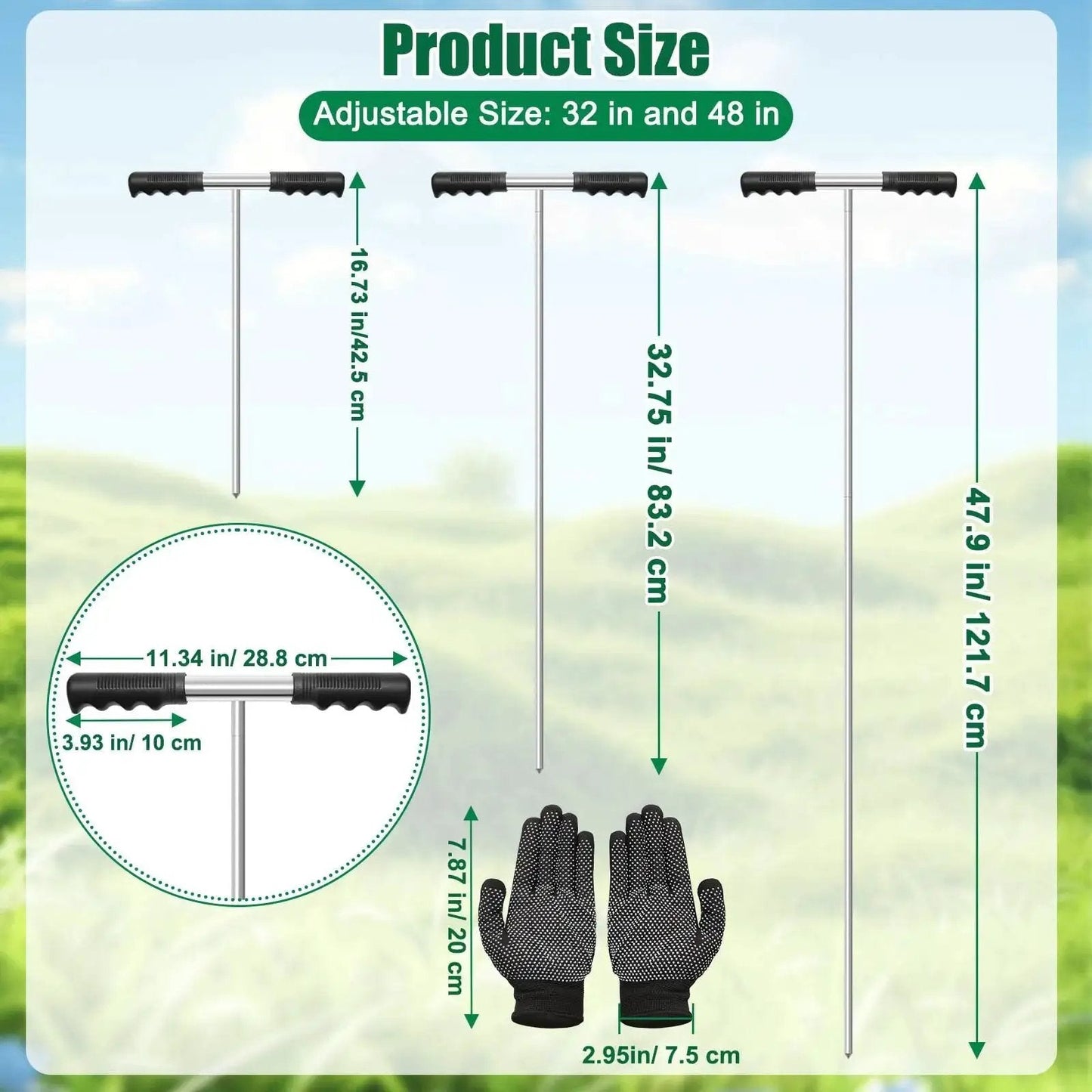 Heavy Duty Metal Soil Probe Rod 32 To 48 Inches With Adjustable Interlocking Sections And Insulated T Handle For Locating Underground Pipes Gardening And Soil Compaction Testing Stainless Steel Ground Probe Tool Includes Gloves For Safe Handling, shown with size measurements