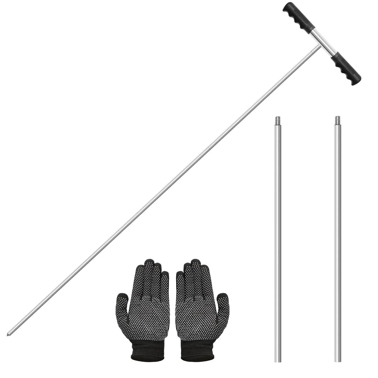 Heavy Duty Metal Soil Probe Rod 32 to 48 inches with adjustable interlocking sections, insulated T-handle, and gloves for safe handling.