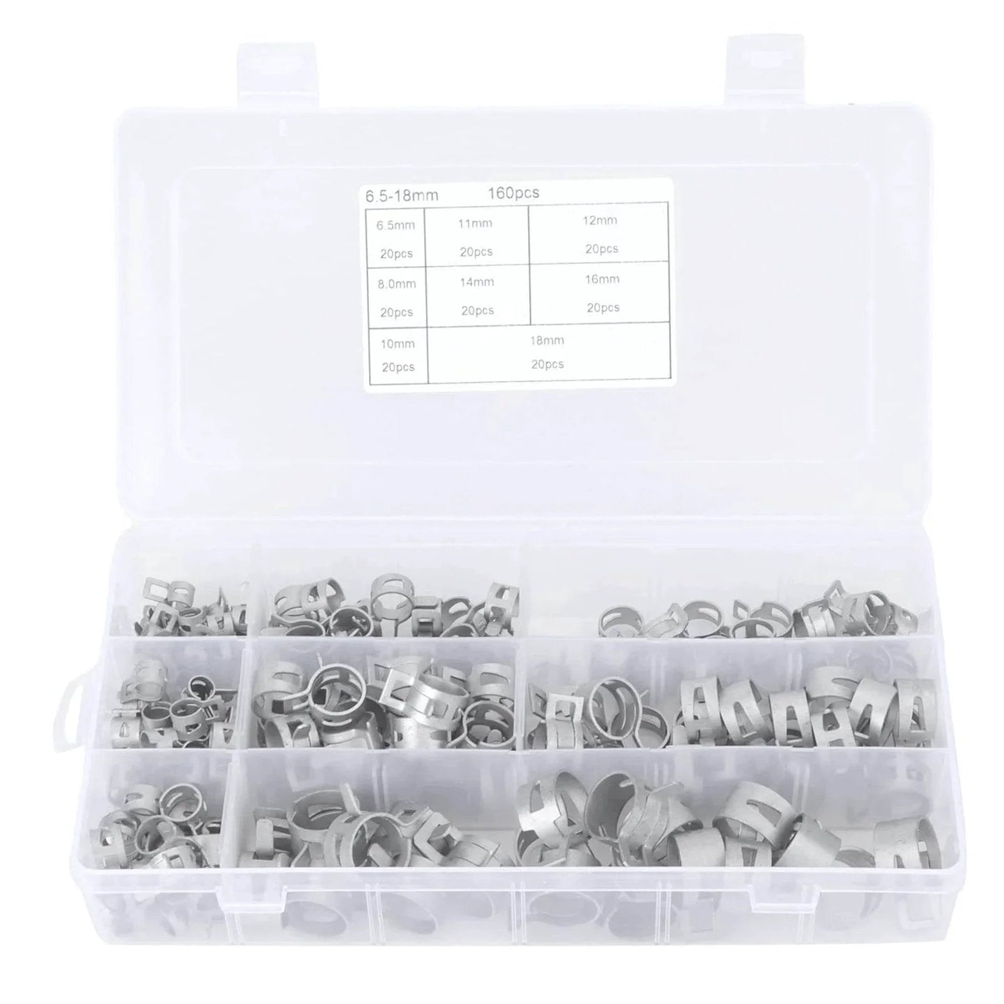 160Pcs 304 Stainless Steel Spring Clips Hose Clamps Set In Eight Sizes 6.5 To 18 Millimeter for fuel pipes in plastic case