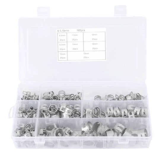 160Pcs 304 Stainless Steel Spring Clips Hose Clamps Set In Eight Sizes 6.5 To 18 Millimeter for fuel pipes in plastic case
