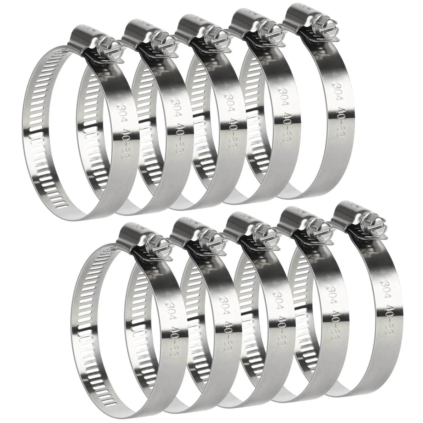 Hose Clamps Set Of Ten Stainless Steel Adjustable Worm Gear Clamps For Hoses From One And A Half Inch To Two And A Half Inch Ideal For Automotive Radiator Fuel Line And Mechanical Systems With Assorted Sizes From Quarter Inch To Six Inch.