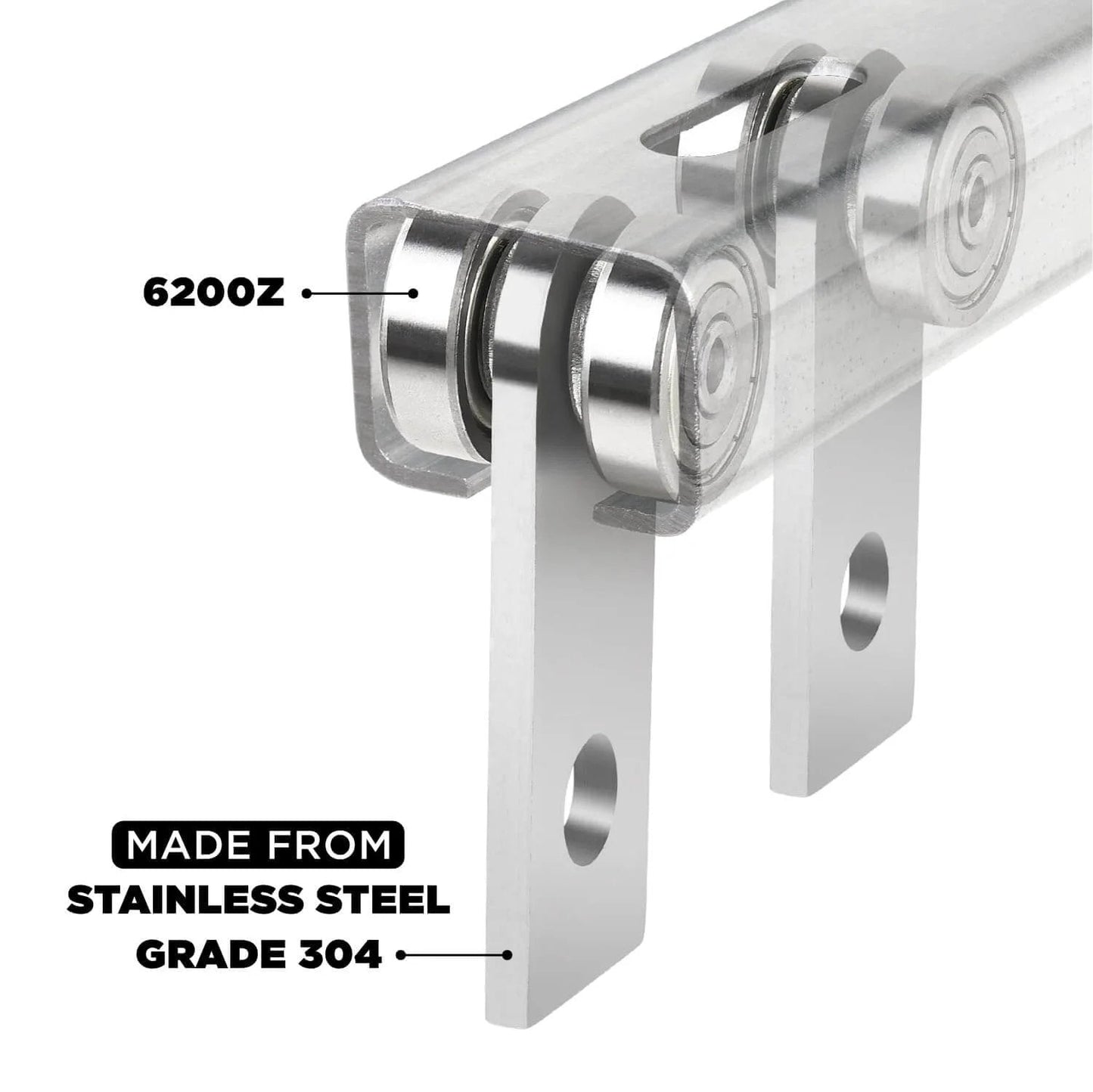 304 Stainless Steel 2 Wheel Trolley Assembly Rollers with Dual Bearings for 1-5/8 Inch Strut Channel, close-up view