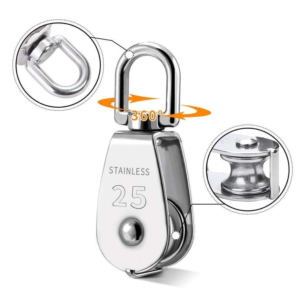 Close-up of stainless steel 25MM Pulley System, showing M25 Pulley Block with 360-degree rotation, part of 2 Pcs set.