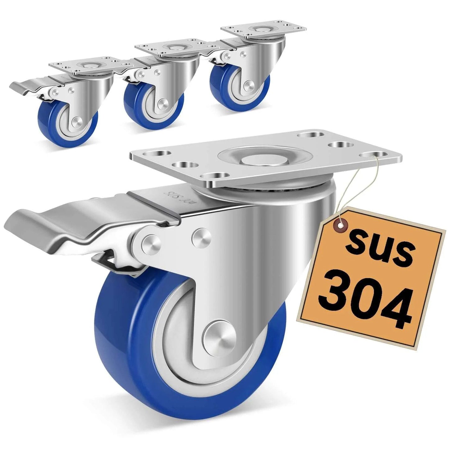 Stainless steel 3 inch caster wheels with brakes, 304 rust proof heavy duty swivel casters on a white background.