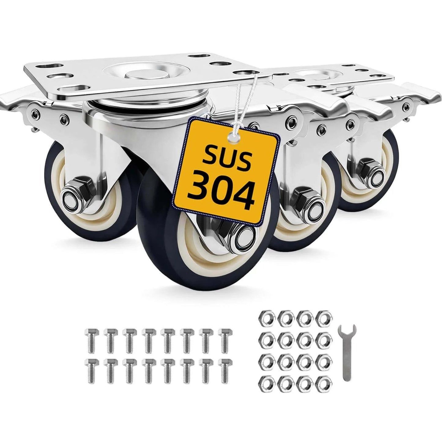 Stainless steel 3 inch heavy duty caster wheels with rust proof 304 swivel design, casters with brakes in a 4 pack close-up view.