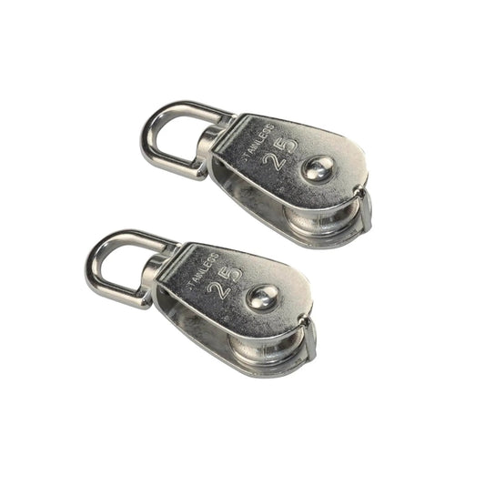 2-Pack 304 Stainless Single Sheave Open Block Pulley 32mm for Canoe Marine Boat Hardware; two pulleys in silver stainless steel.