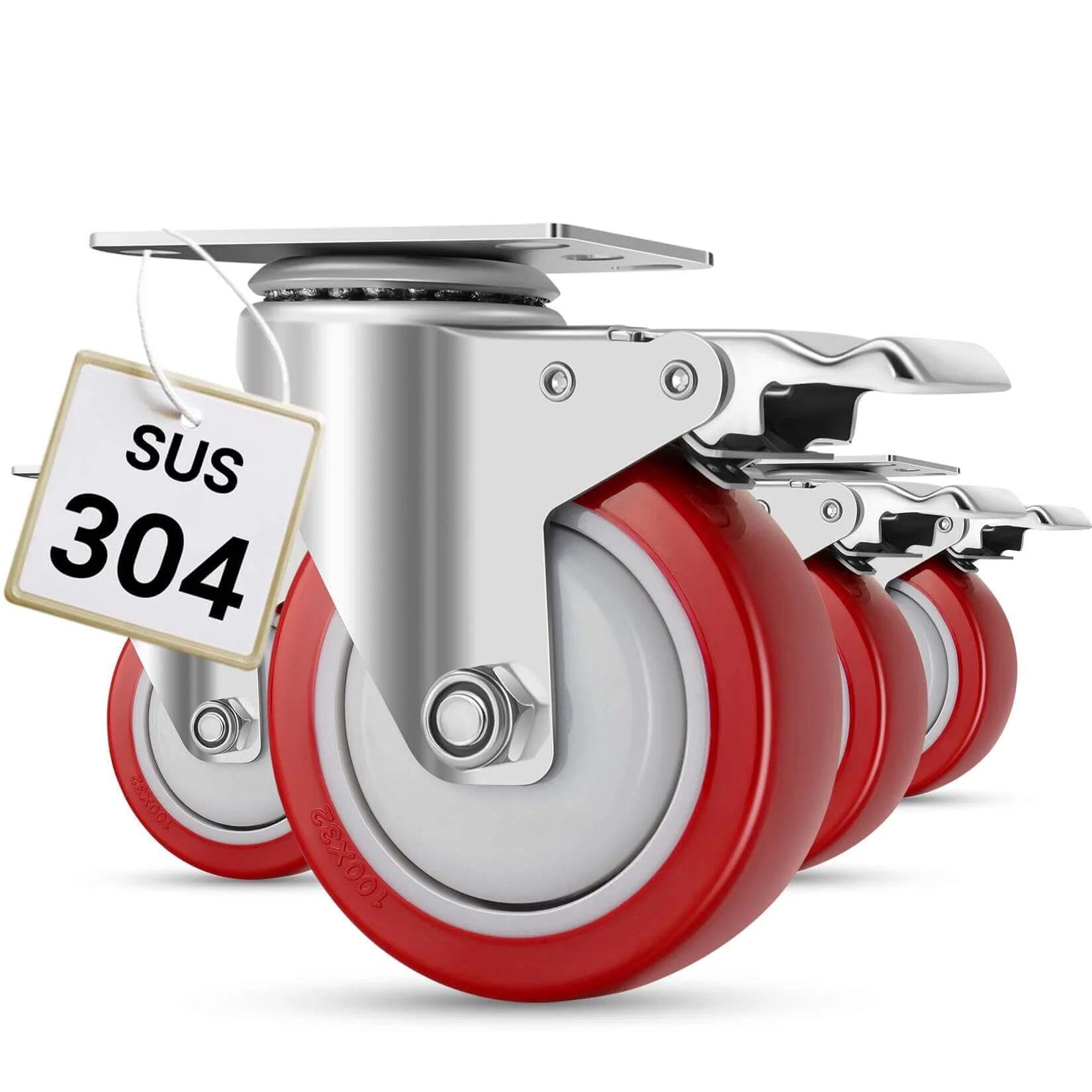 Stainless steel 4 inch heavy duty caster wheels with brakes, 304 rust proof swivel casters in close-up view.