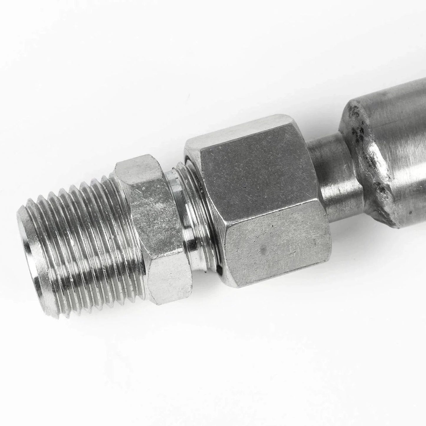 Close-up of 1/2 inch NPT adapter on Half Inch By Thirty Six Inch Stainless Steel Flexible Compressed Air Hose with corrosion resistance fittings.