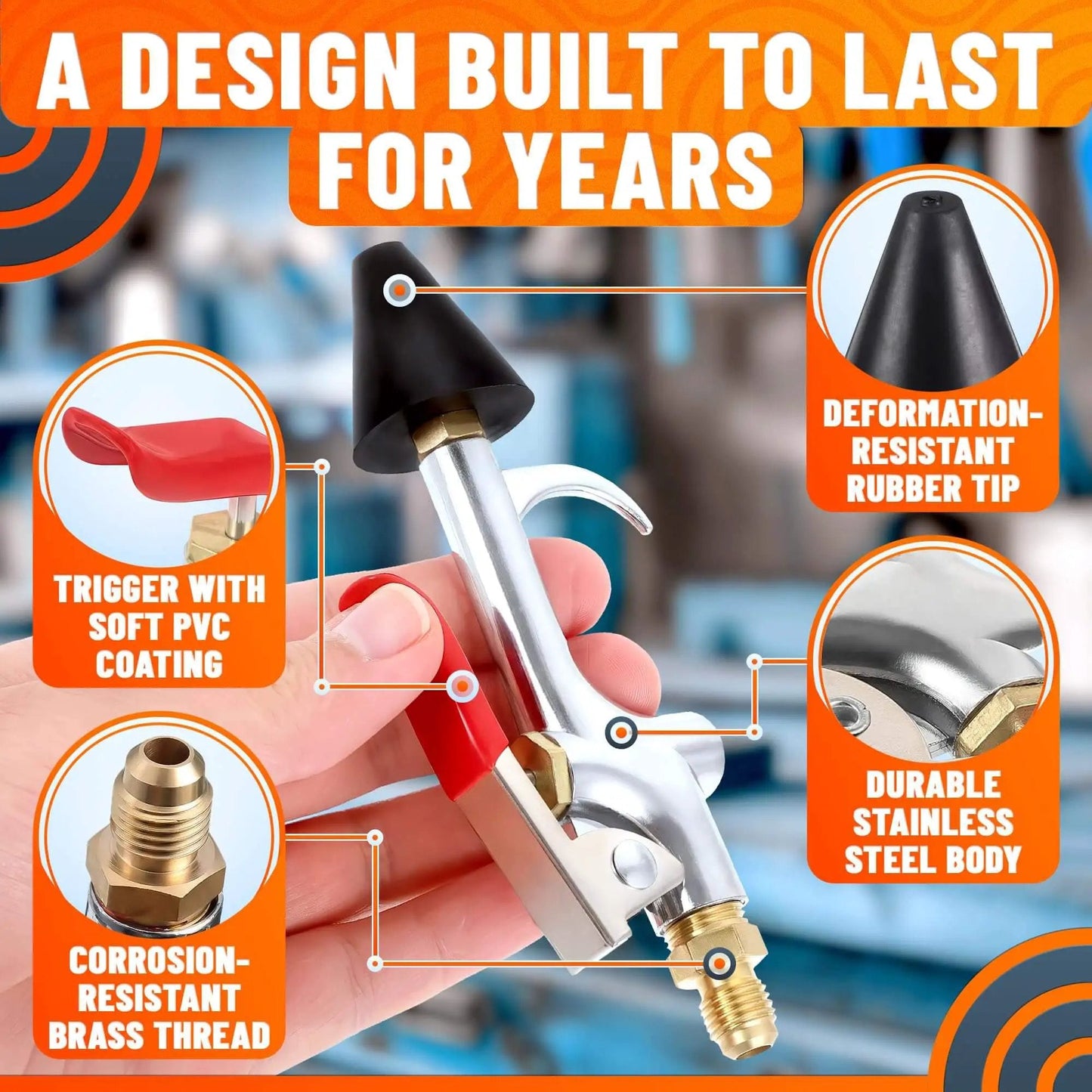 Heavy Duty Stainless Steel Air Nozzle Blow Gun For Compressor With Adjustable Pressure Rust Resistant Brass Threads Rubber Tip Thumb Switch Lever Compact HVAC Tool For Cleaning Tight Spaces in hand