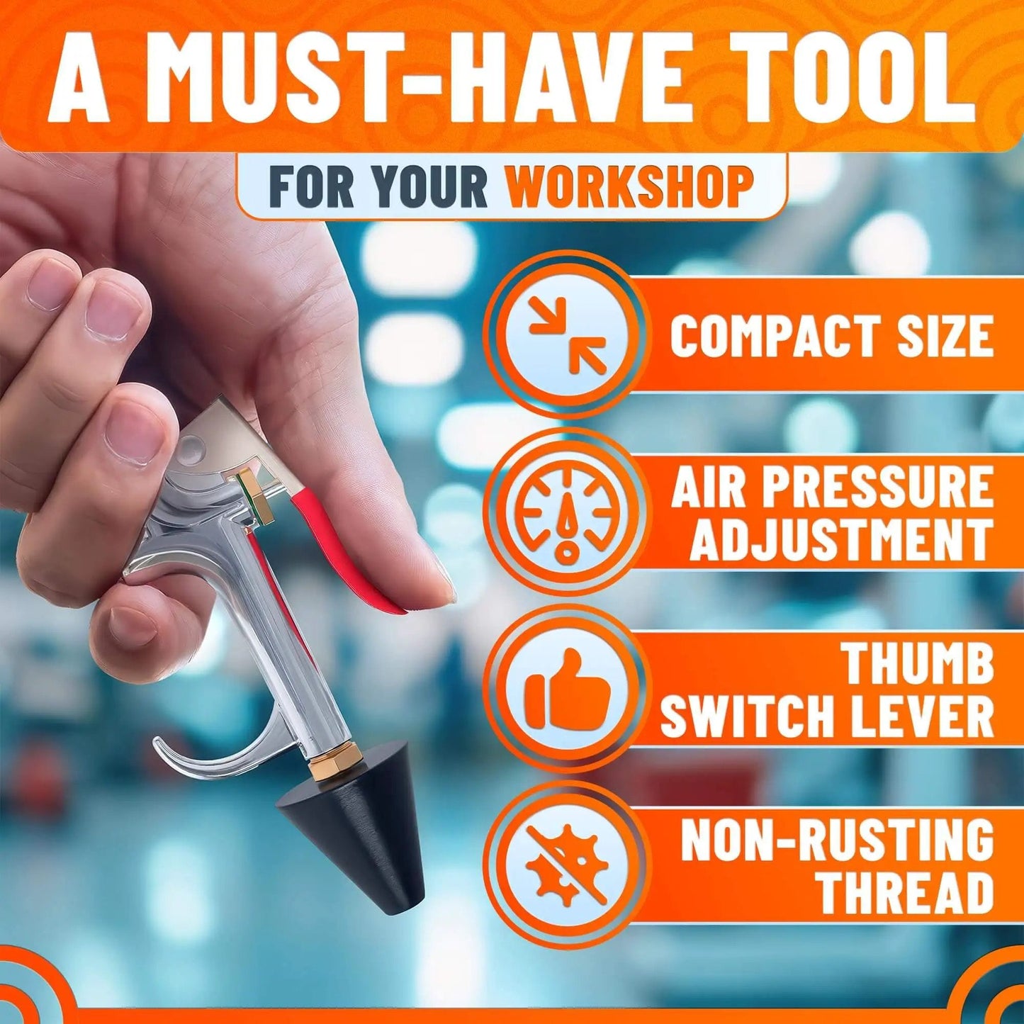 Heavy Duty Stainless Steel Air Nozzle Blow Gun For Compressor With Adjustable Pressure Rust Resistant Brass Threads Rubber Tip Thumb Switch Lever Compact HVAC Tool For Cleaning Tight Spaces