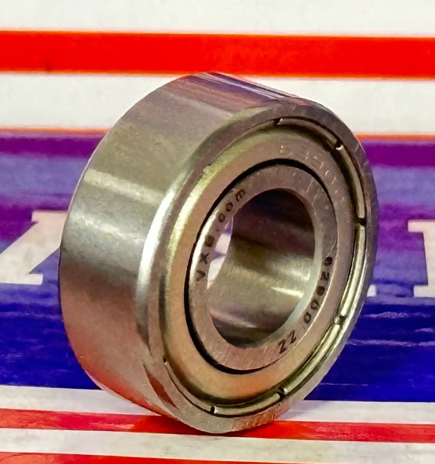 Front view of Stainless Steel Shielded Ball Bearing S88635ZZ 3/4 x 1-3/4 x 1/2 Inch. Metal Shield for dust protection, stainless steel cage.