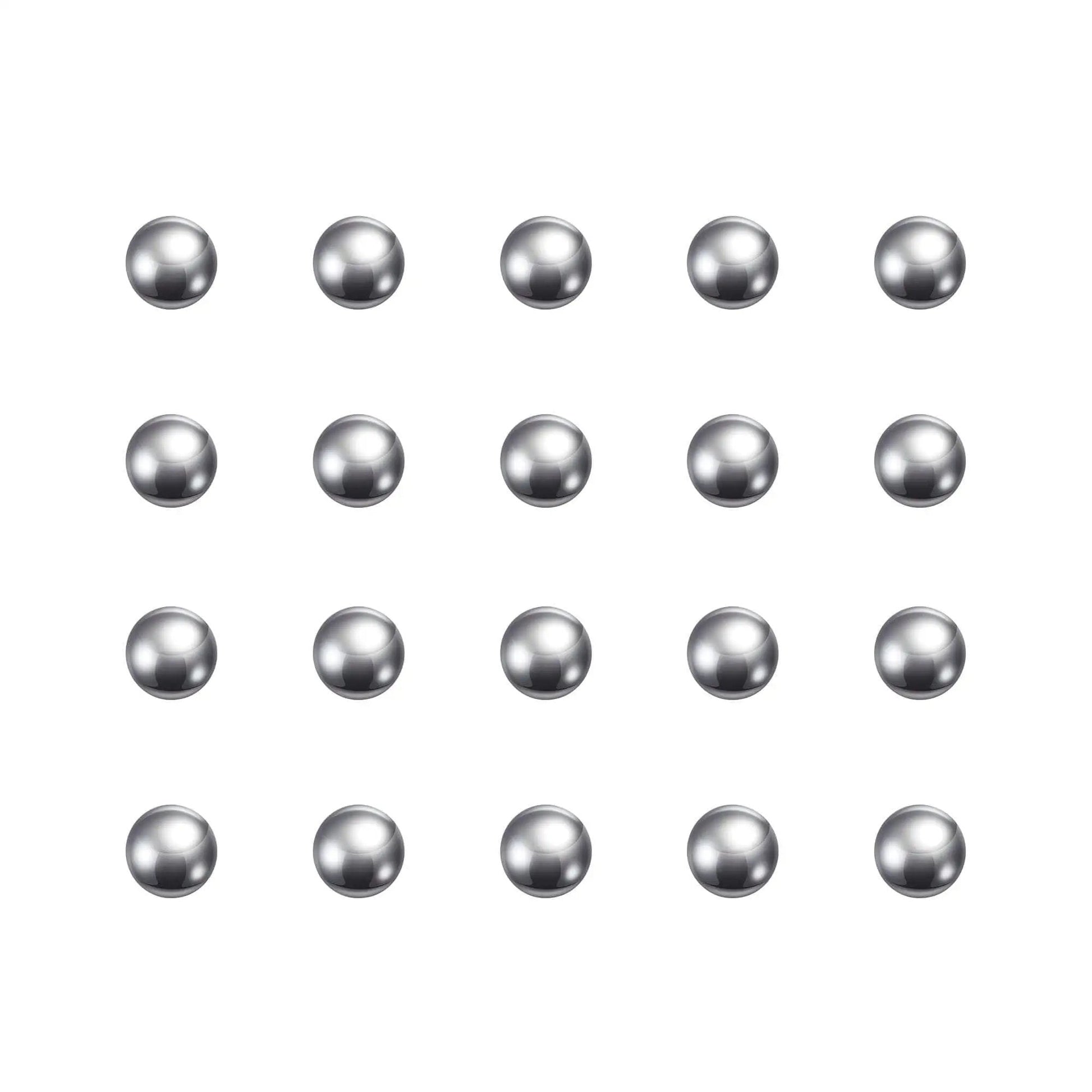 Array of Pro Grade 1.5mm Stainless Steel Bearing Balls G100 Precision, arranged in grid against plain background.