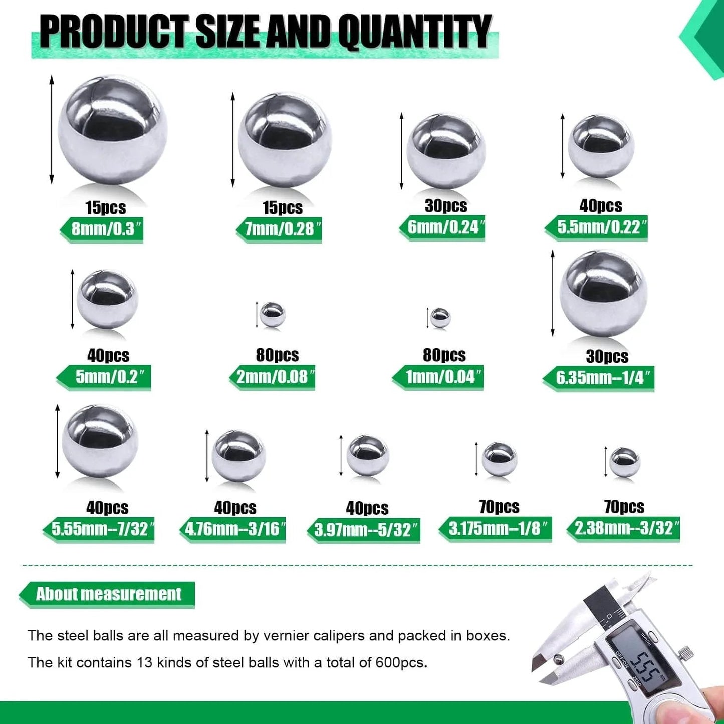 600PCS 12 Size Bicycle Bearing Balls Stainless Steel Precision Steel Balls with caliper measurement and quantity details