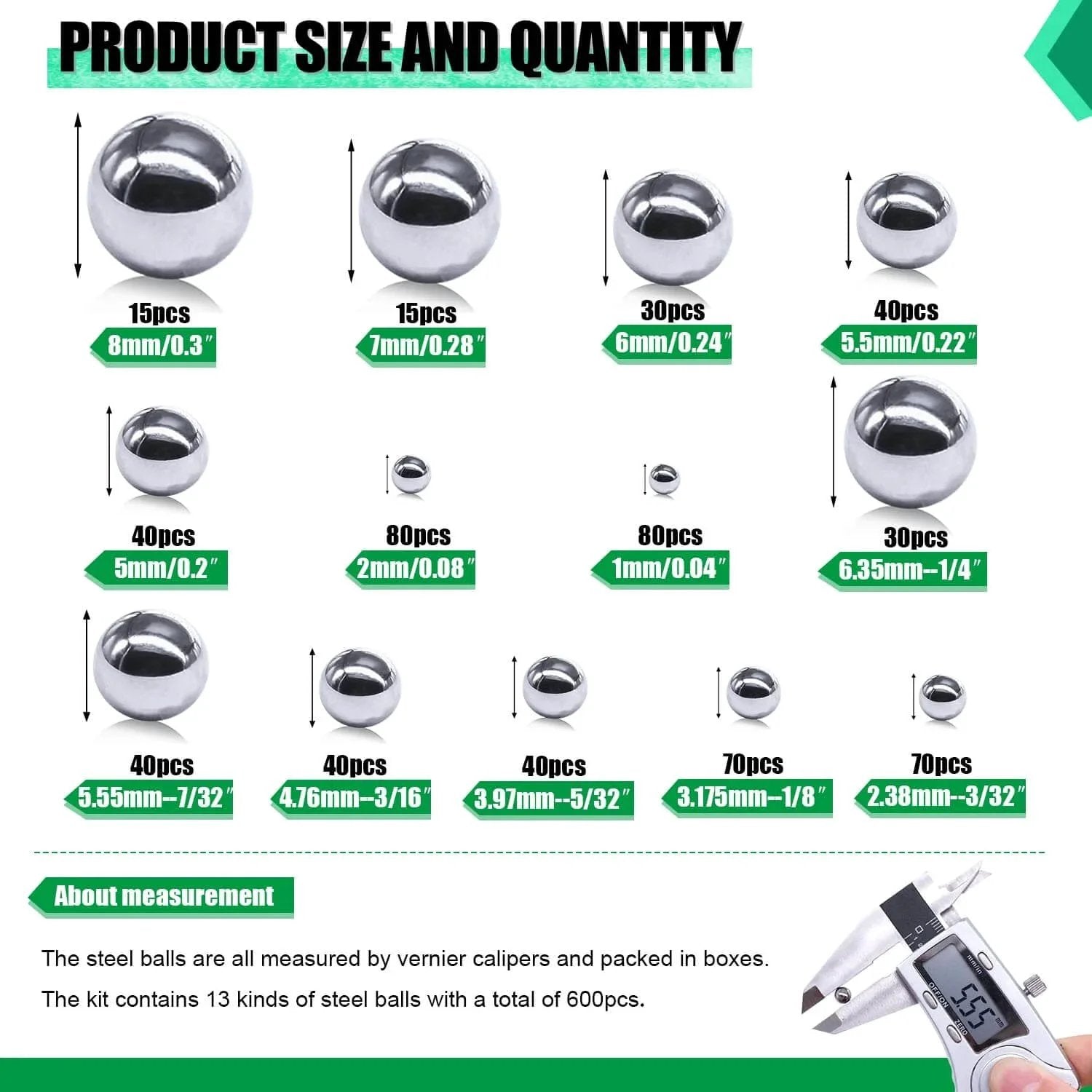 600PCS 12 Size Bicycle Bearing Balls Stainless Steel Precision Steel Balls with caliper measurement and quantity details
