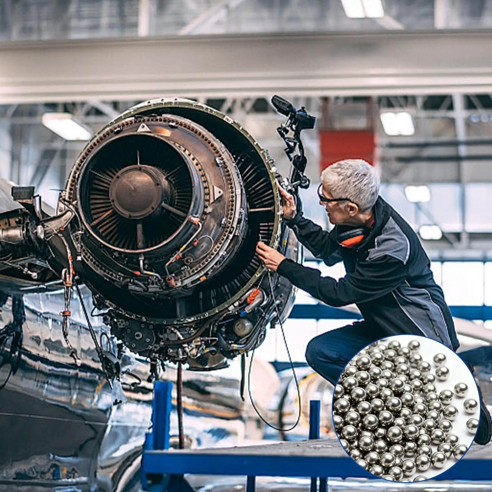 Mechanic working on engine with inset of Assorted 840 Pcs Stainless Steel Bearing Balls For Bikes, Metric Precision Ball Bearings, Loose Bicycle Bearings 2 To 10 Mm, 304 Stainless Steel, Corrosion Resistant, High Quality Jiahezhi Set.