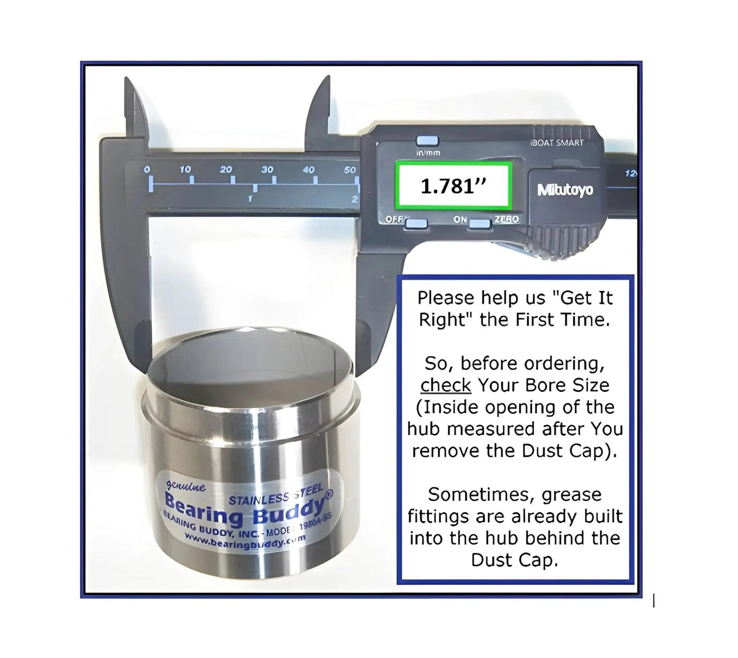 USA Made Stainless Steel Bearing Protector For 1.781 Inch Hubs With 19B Bra shown with a digital caliper measuring 1.781 inches