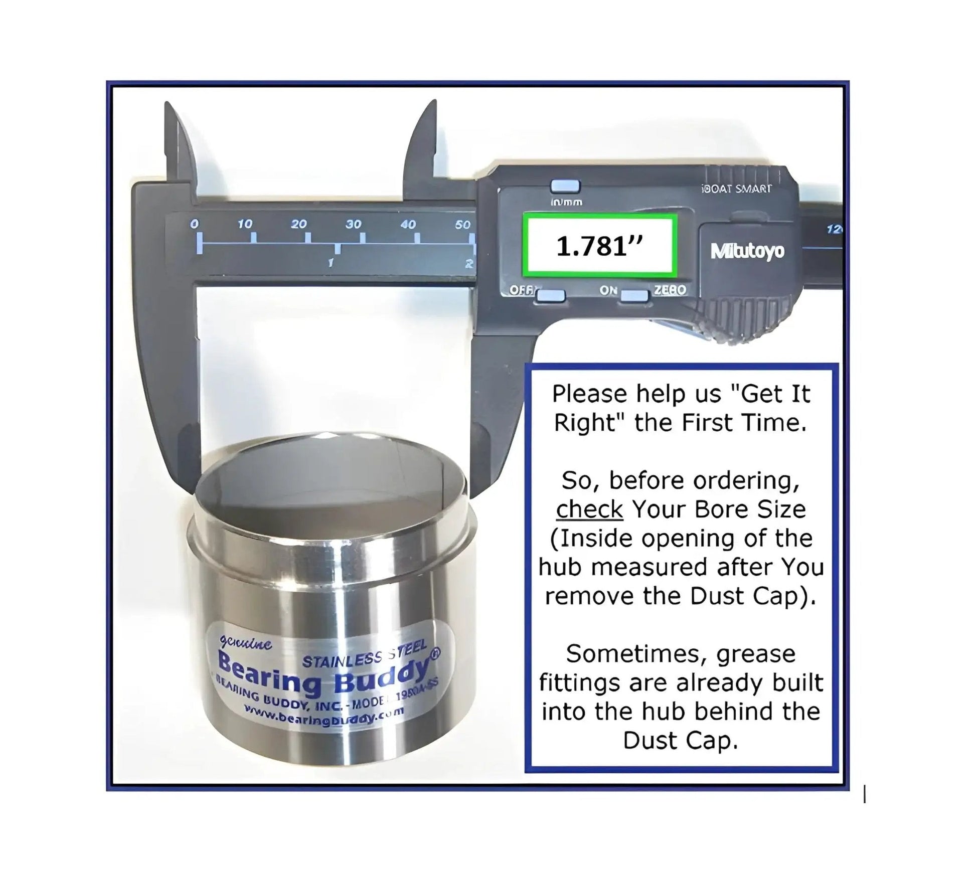 USA Made Stainless Steel Bearing Protector For 1.781 Inch Hubs With 19B Bra shown with a digital caliper measuring 1.781 inches