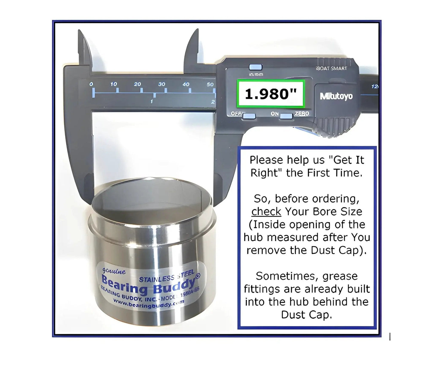 Caliper measuring 1.980 inch diameter next to US Made Stainless Steel Bearing Protector 1980-SS for trailers.