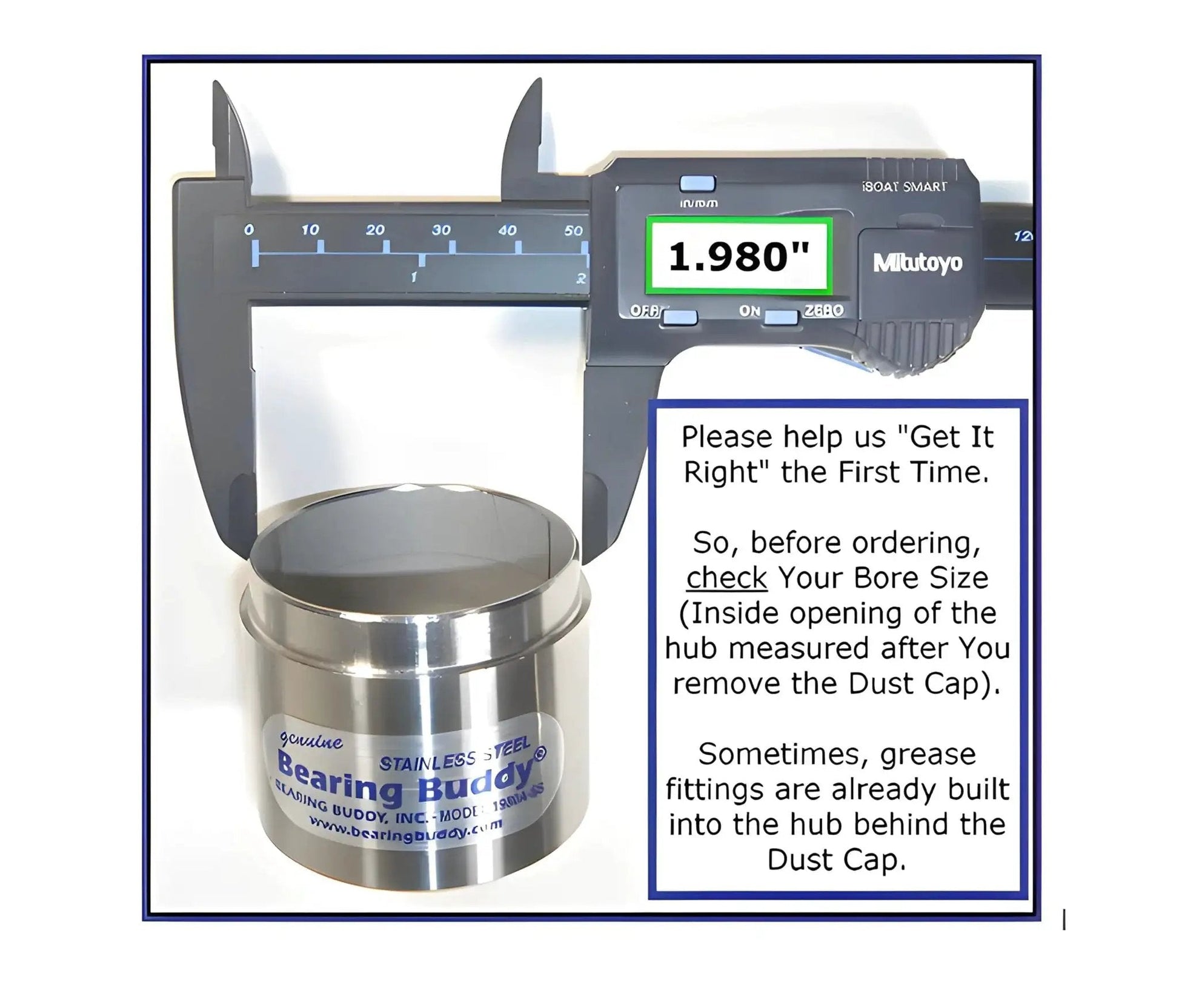 Caliper measuring 1.980 inch diameter next to US Made Stainless Steel Bearing Protector 1980-SS for trailers.