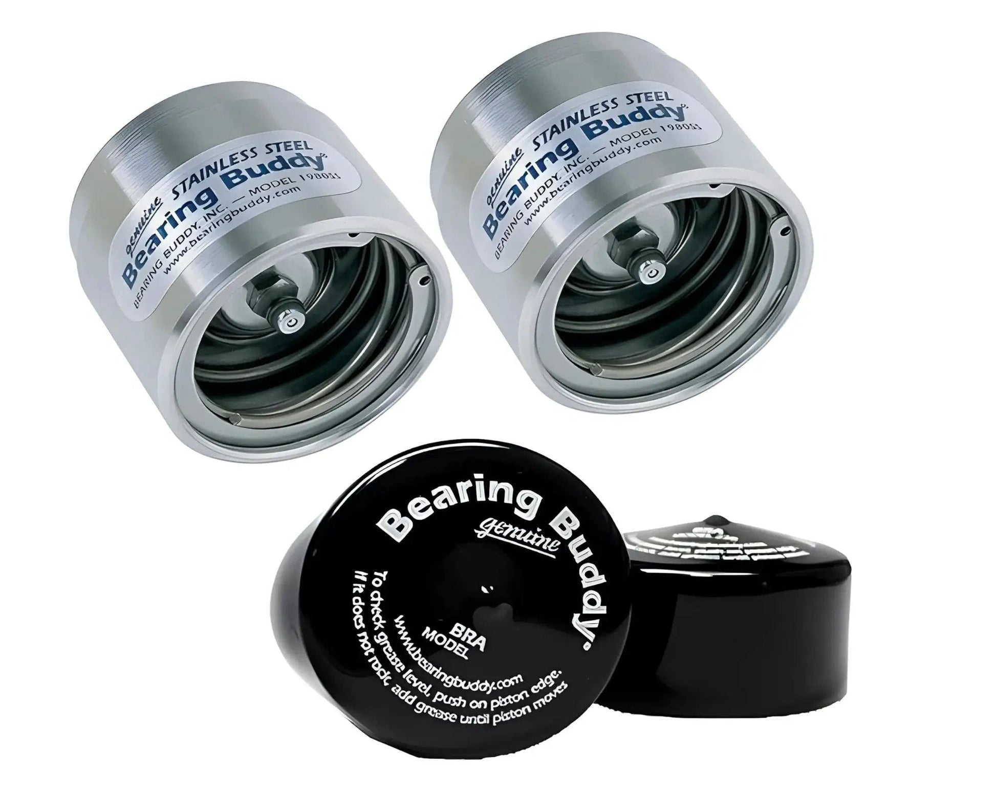 US Made Stainless Steel Bearing Protector 1980-SS with 19B Bra for boats, horse trailers, RVs; blocks water and dirt; 1.980 inch hubs