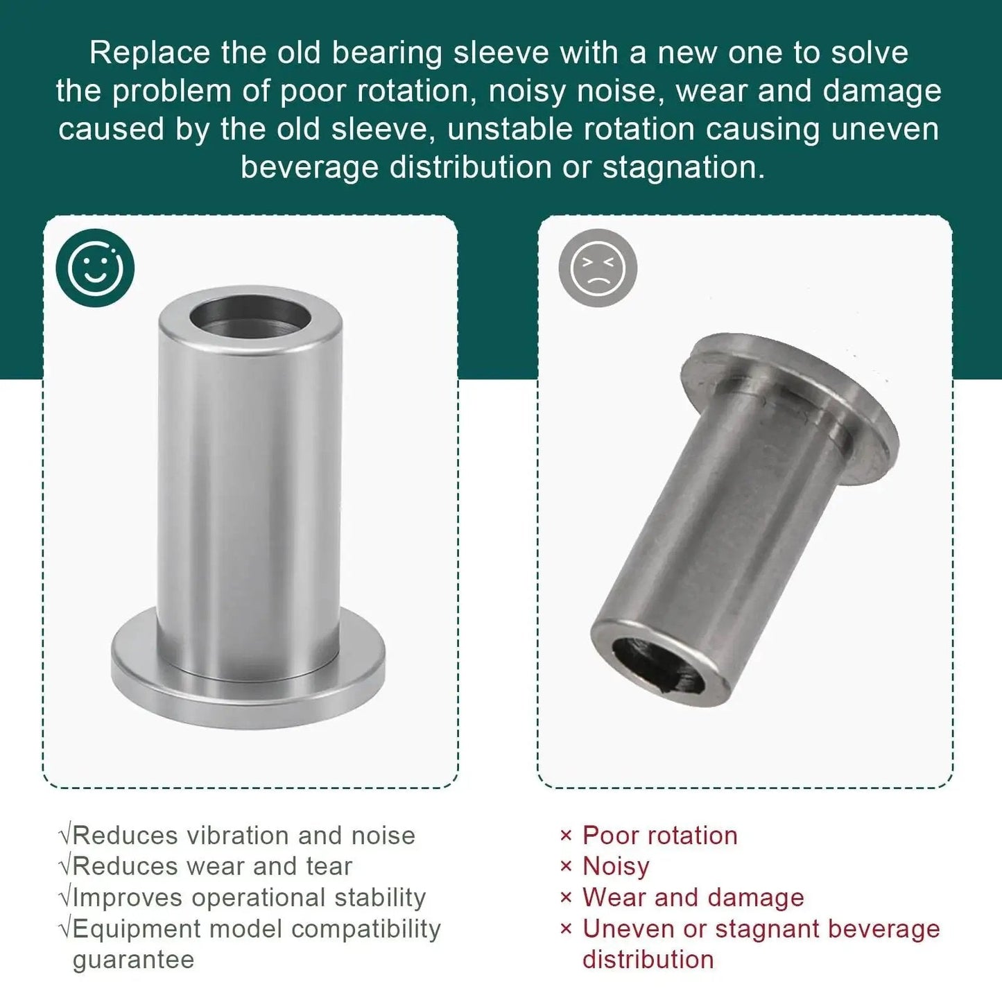 Bearing Sleeve 3220 Compatible With Beverage Dispenser Parts For D15 D25 D35 And E Series, comparison of new vs old bearing sleeve