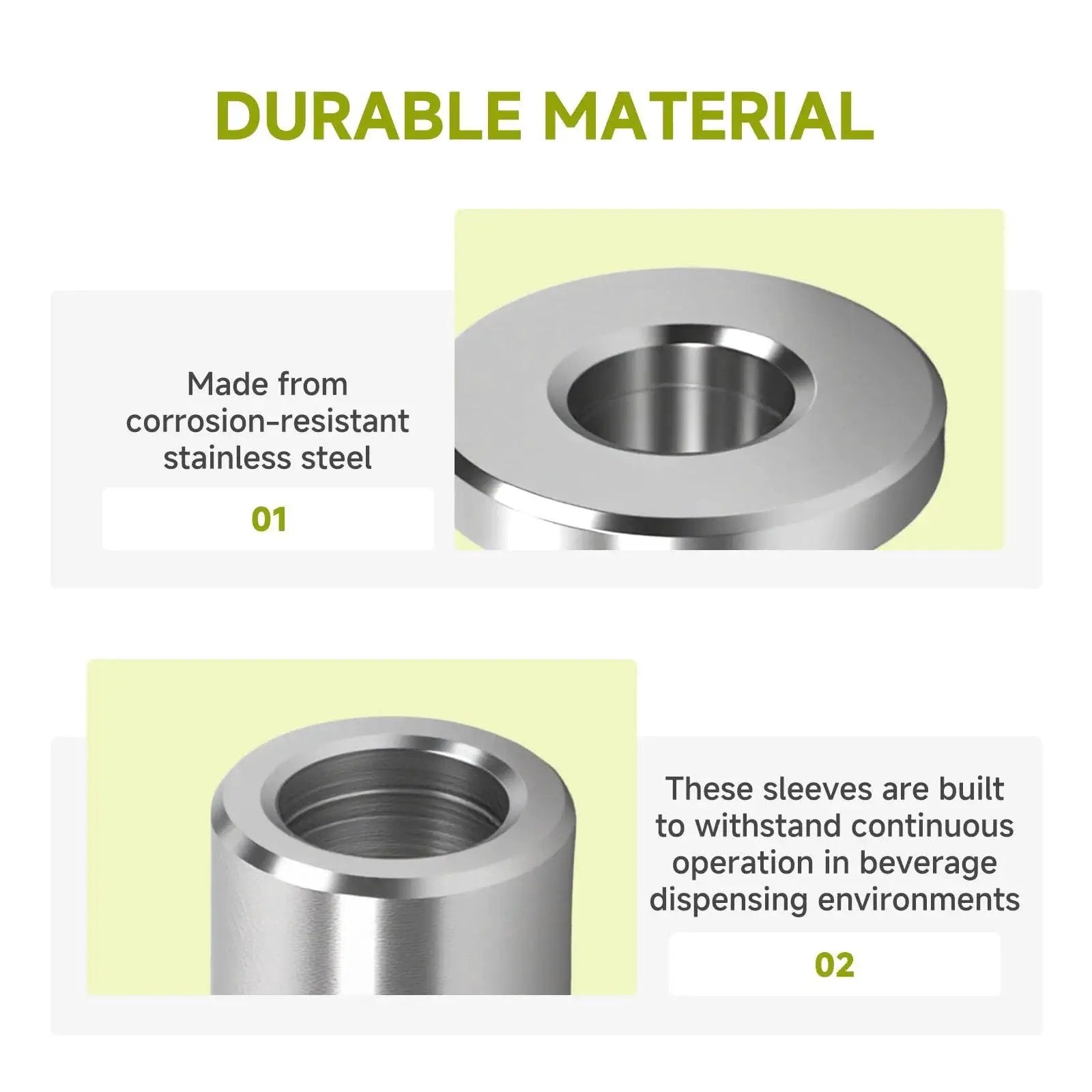 Close-up of stainless steel bearing sleeves for Grindmaster Crathco dispensers, highlighting corrosion-resistant material.