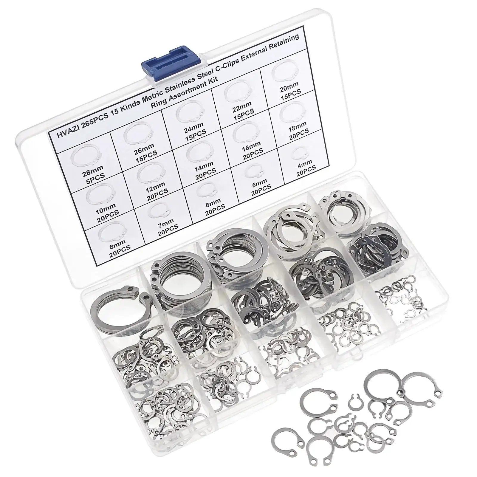 265 Piece Metric Stainless Steel C Clips External Retaining Ring Assortment Kit Includes 15 Sizes With Nominal Diameters 4Mm Through 20Mm For Quick On Hand Fixes Circlips Retaining Rings Automotive Plumbing Machinery Repairs HVAZI