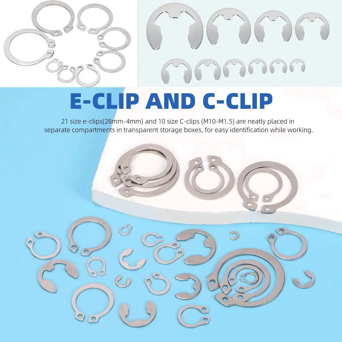 Over 300 Piece Stainless Steel C Clip And E Clip Retaining Ring Set By Glarks with various sizes displayed on blue surface