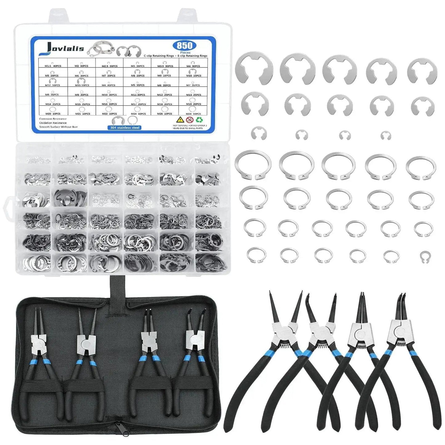 850 Piece C Clip and Snap Ring Assortment Kit in 304 Stainless Steel External Retaining Rings M4 to M28 Plus E Clip Set and Pliers
