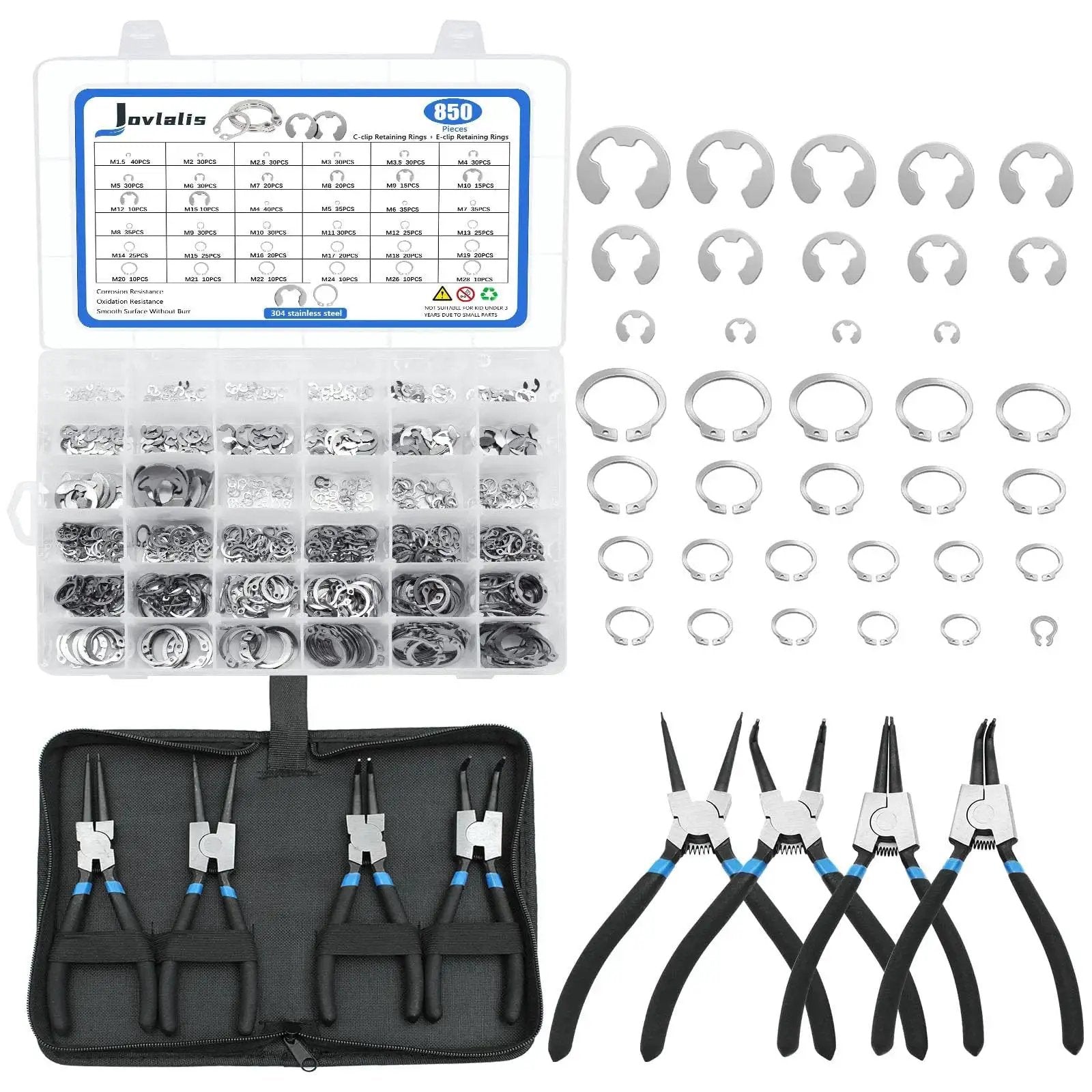 850 Piece C Clip and Snap Ring Assortment Kit in 304 Stainless Steel External Retaining Rings M4 to M28 Plus E Clip Set and Pliers